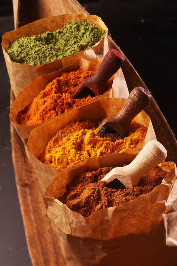 Assorted Ground Spices in Brown Paper Bags Stock Image - Image of