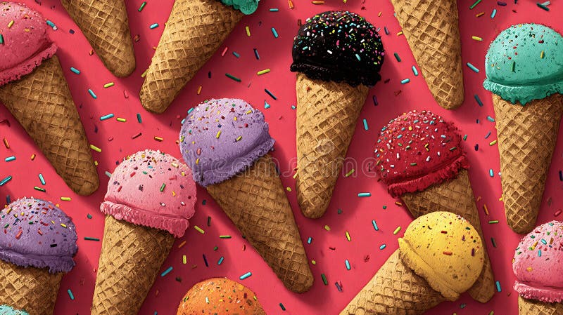 Assorted Ice Cream Cones With Colorful Sprinkles Seamless Pattern On A Vibrant Pink Background stock illustration