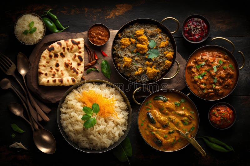 Assorted Indian Curry and Rice Dishes. Illustration AI Generative Stock