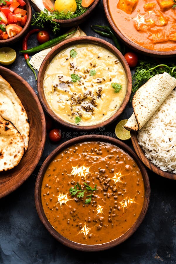 Indian Lunch or Dinner Items Like Dal, Paneer Butter Masala, Roti, Rice