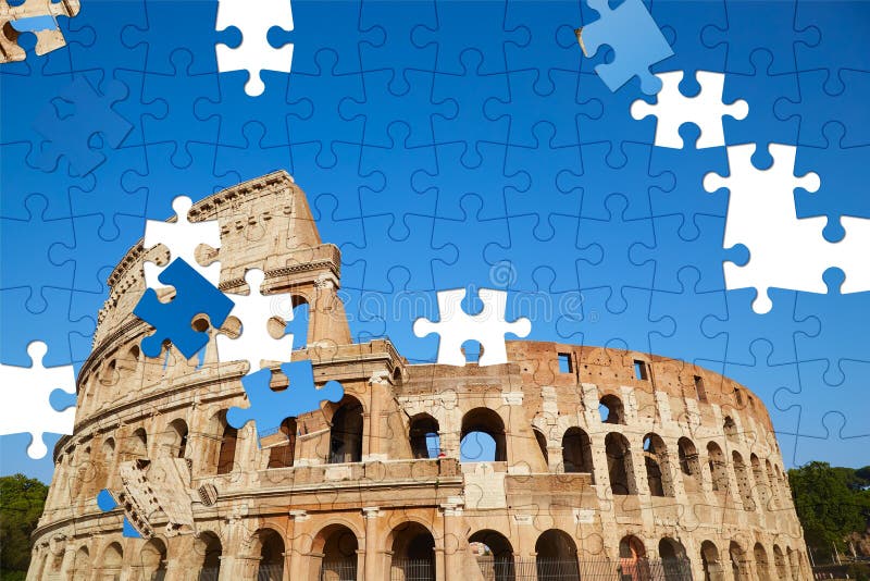 Assorted jigsaw puzzle of Colosseum against the blue sky in Rome, Italy