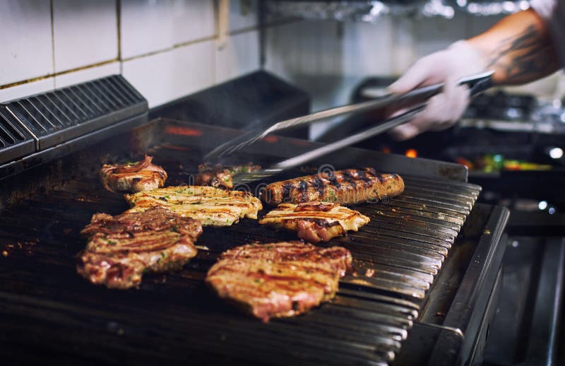 Assorted Meat on the Barbecue Grill Stock Photo Image of hands, food 105729882