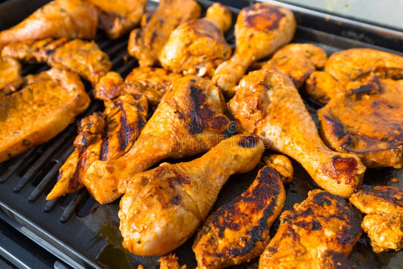 Assorted Meat from Chicken and Pork on Barbecue Grill Stock Image