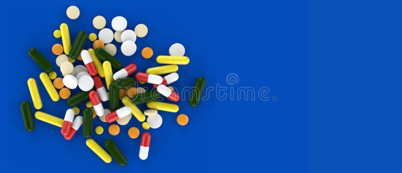 Pastile medicale asortate împrăștiate pe un etaj cu fundal albastru 3d redare vector illustration