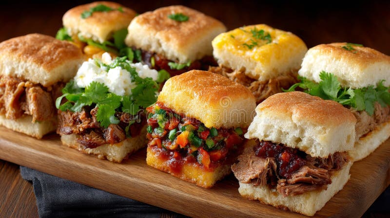 Assorted Mini Pulled Pork Sandwiches on Wooden Board vector illustration