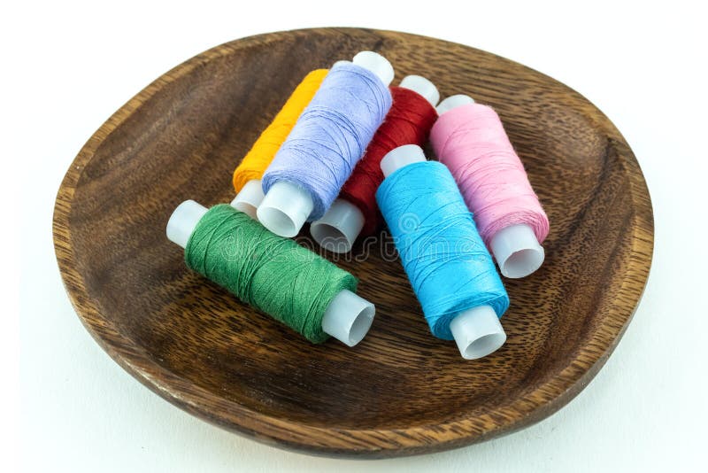 Assorted Sewing Threads Pink, Green and Gray in a Brown Wooden Bowl on a  White Background Stock Image - Image of needlework, pink: 192741535