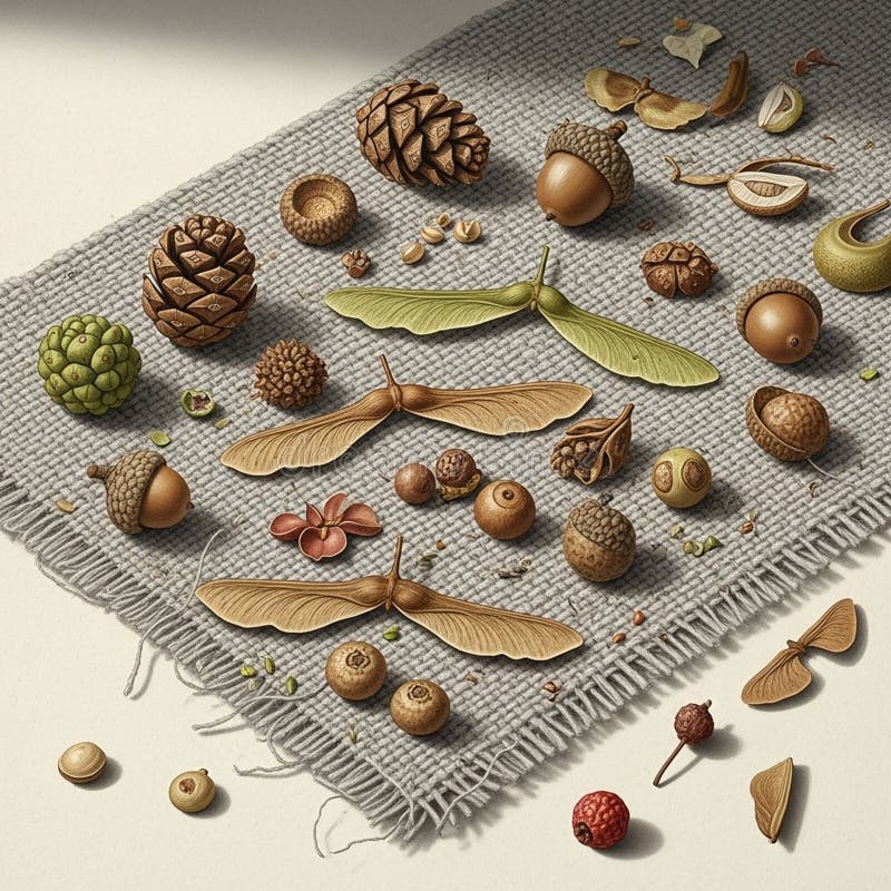 Assorted natural elements arranged on a textured gray woven assorted natural elements arranged on a textured gray woven mat ilustração do vetor