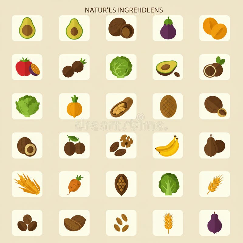 Assorted natural ingredients are depicted in a grid format the illustrations include avocados coconuts eggplants squash tomatoes ilustração stock
