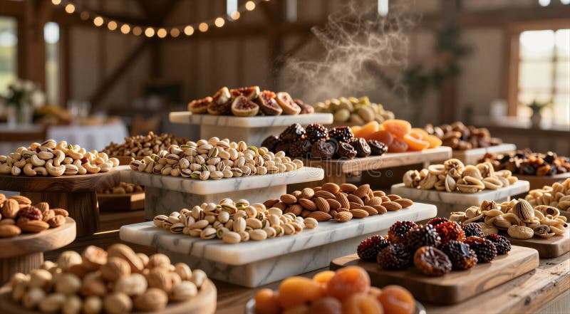 Assorted nuts dried fruits and confections on marble and wooden platters for rustic party buffet display royalty free stock images