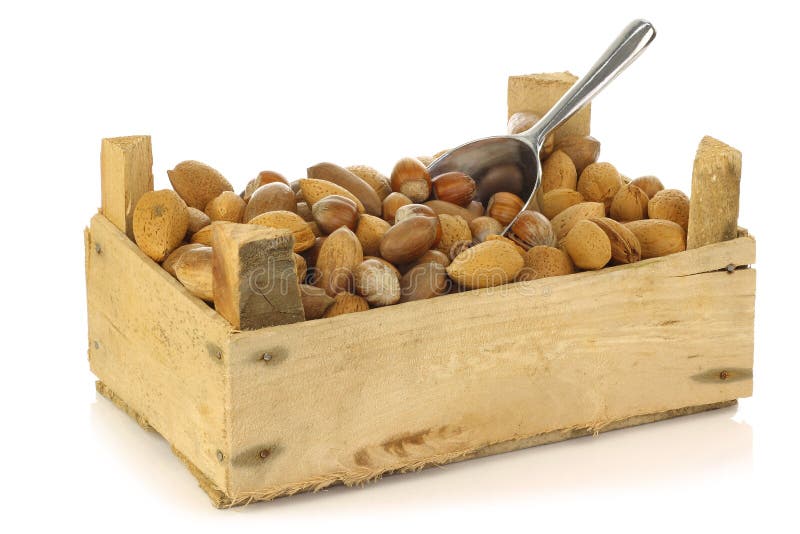 Assorted Nuts In A Wooden Box Stock Photo Image of heap, autumn 24613184