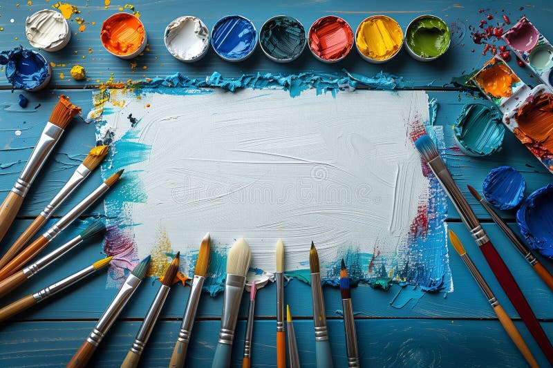 Assorted paint brushes and tubes of different colored paints arranged on a table royalty free stock image