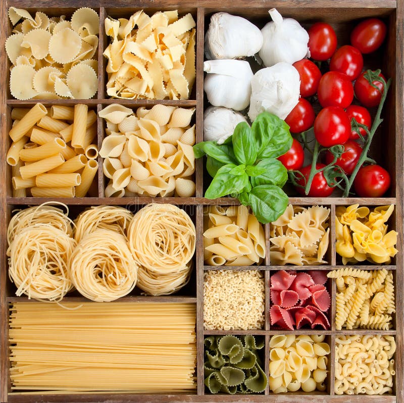 Assorted Pasta in a Wooden Box Stock Image Image of group, fusilli