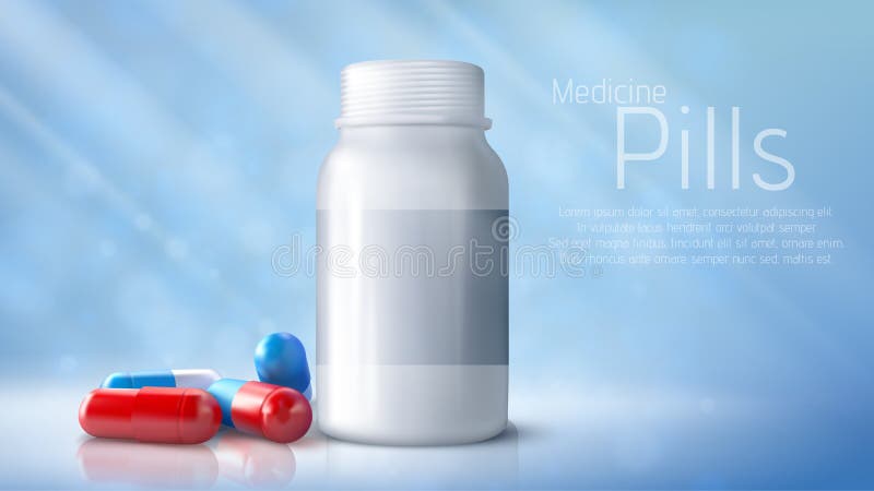 Assorted pharmaceutical medicine pills, tablets and capsules on blue background.