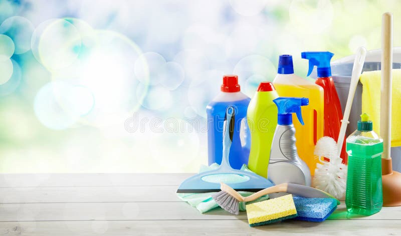 Assorted of plastic bottles with cleaning supplies
