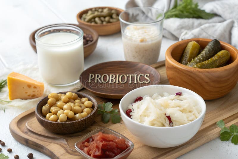 Assorted Probiotic-Rich Foods Including Dairy, Fermented Vegetables ...