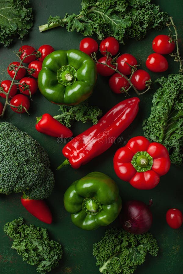 Assorted Red and Green Vegetables Tomatoes, Bell Peppers, Kale Avocado ...