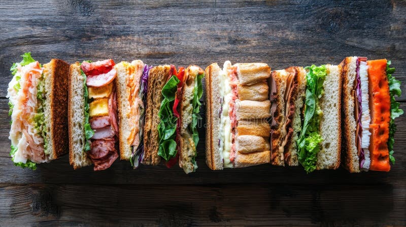 Assorted Sandwiches with Various Fillings on Wooden Table royalty free illustration