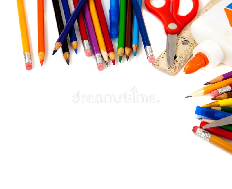 Assorted school supplies on a white background