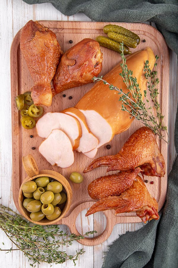 Assorted Smoked Chicken Meat with Seasonings and Thyme Stock Image Image of bread, plate