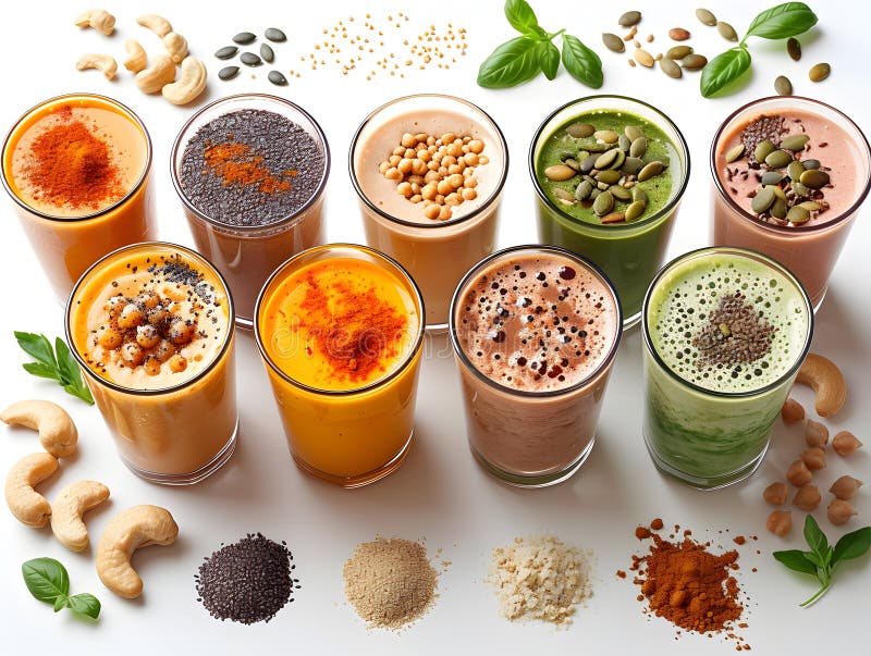 Smoothies asortate prezentate pe masă cu diferite ingrediente. O selecție de piureuri reîmprospătate, realizate cu o varietate de ingrediente, cum ar fi plante fructifere și plante casnice, sunt prezentate pe un tabel cu ajutorul generat