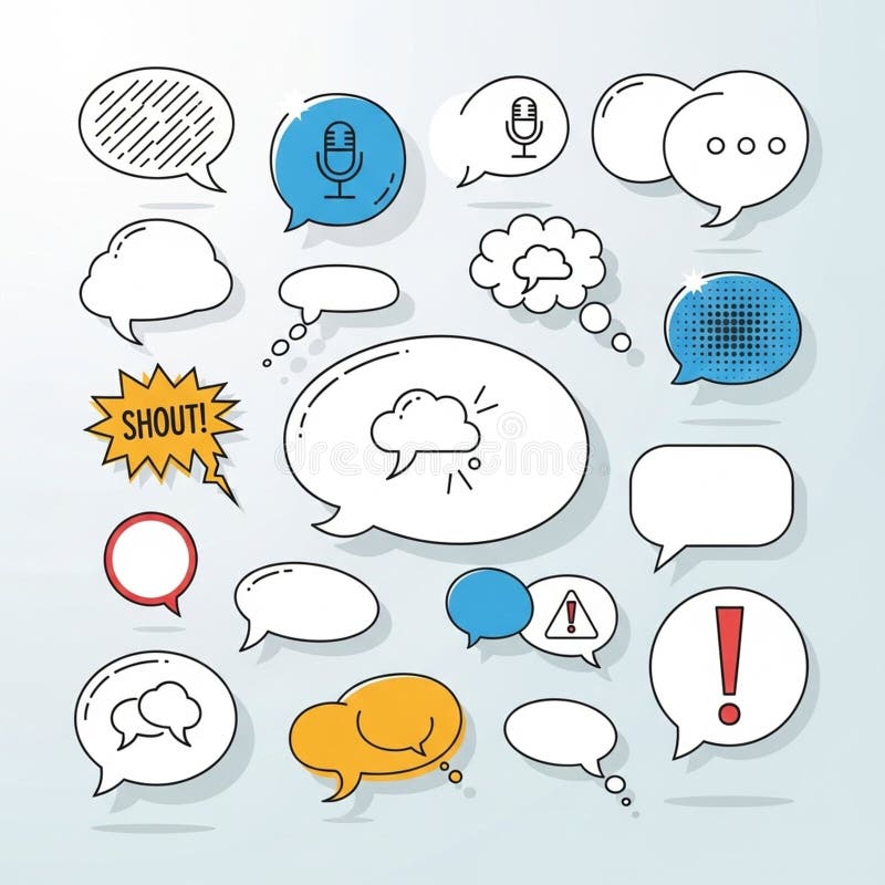 Clouds microphones exclamation marks and sound effects like SHOUT Some stock illustration