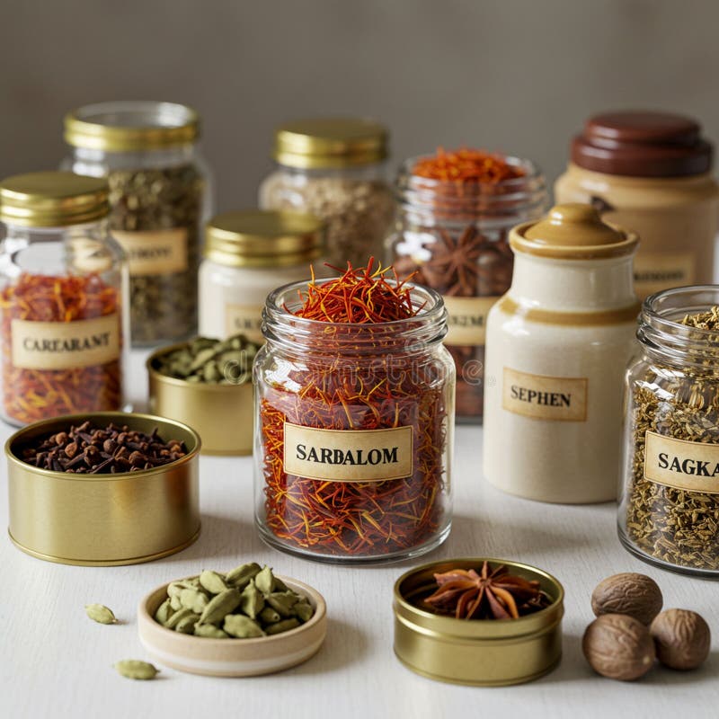 Assorted spice jars and containers are displayed on a table. Glass jars with gold lids stock illustration