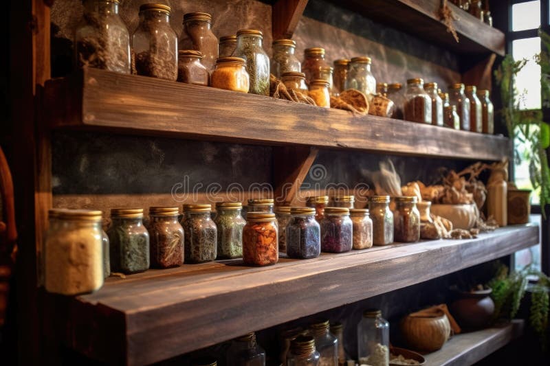 Assorted Spice Jars Displayed on Rustic Shelves Stock Illustration Illustration of variety cuisine 289551819