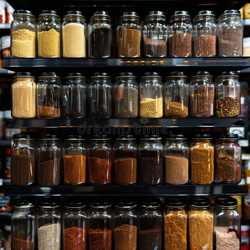 Assorted Spices in Clear Jars on Shelves at a Specialty Grocery Store royalty free stock images