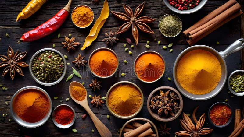 Assorted spices including cinnamon and turmeric, vibrant scatter royalty free stock photography