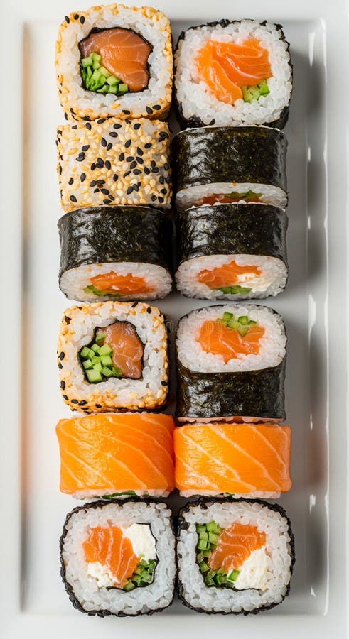 Assorted sushi rolls are arranged in rows on a rectangular white plate. The selection stock illustration
