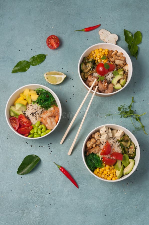 Assorted three types of poke: vegetarian, with shrimp and with chicken royalty free stock images