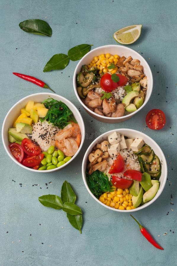 Assorted three types of poke: vegetarian, with shrimp and with chicken royalty free stock images