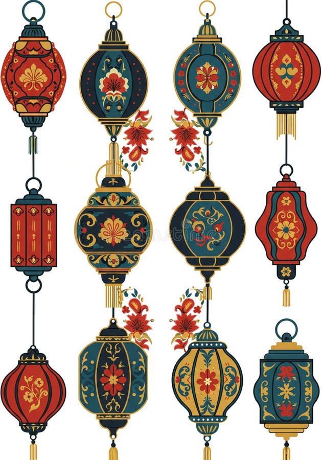 Assorted traditional-style lantern illustrations featuring various shapes, including stock illustration