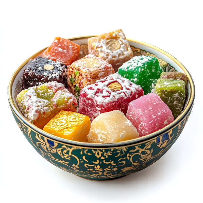 Assorted Turkish Delight Cubes in Ornate Bowl Colorful Sweet Treats stock illustration