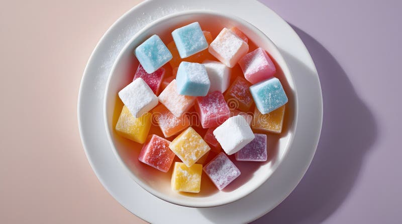 Assorted Turkish delight cubes in white bowl over pastel background, overhead professional photo stock illustration