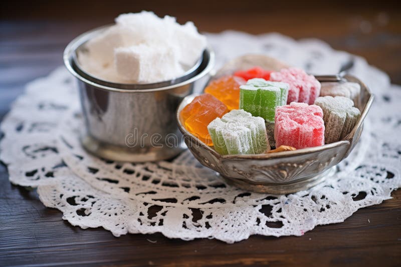 Assorted turkish delight in a traditional silver bowl with a lace doily royalty free illustration