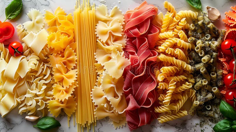 Assorted types of pasta on a surface. Versatile image for multiple purposes