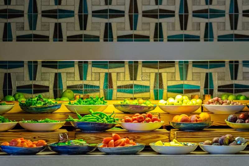 Assorted Vegetables and Fruits Buffet Catering in Hotel Breakfast Stock