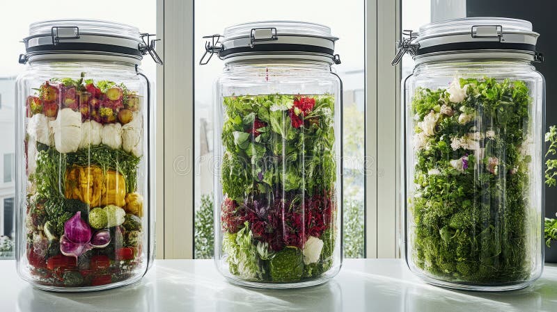 Vegetable Still Life: Clear Jars Showcasing Garden Bounty and Fermentation Delights stock image
