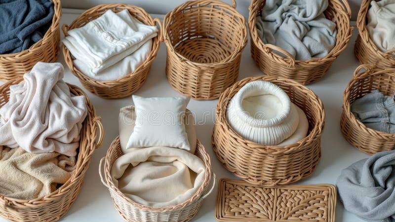 Assorted wicker baskets with soft fabrics and decorative items on display royalty free stock image