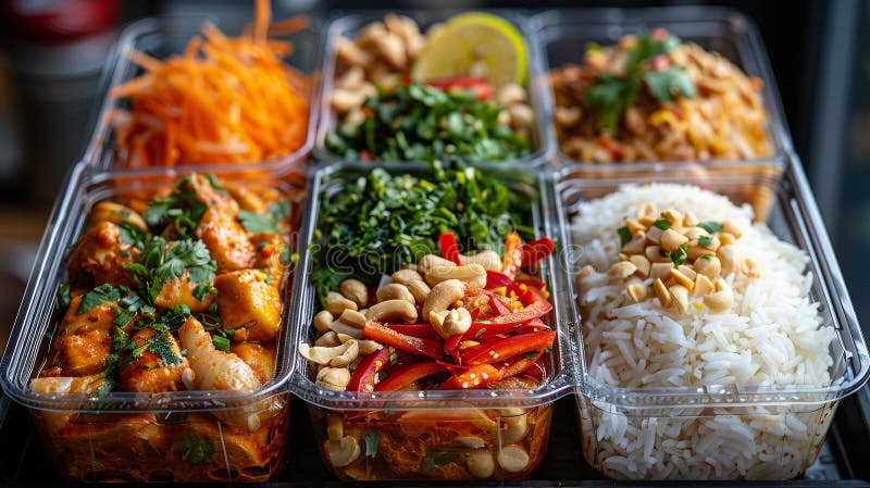 Assortiment de plats thaïlandais dans des récipients en plastique closeup. concept à emporter images stock