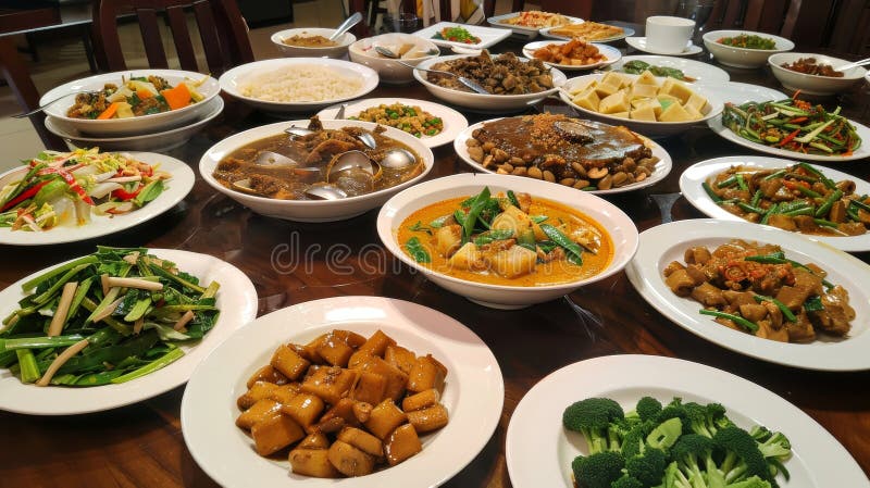 Assortiment de plats thaïlandais sur table de banquet dans un cadre traditionnel. repas thaï. concept de restauration asiatique photo stock
