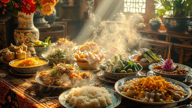 Assortiment de plats thaïlandais sur une table de banquet dressée dans un cadre traditionnel à la vapeur. repas thaï. concept image stock