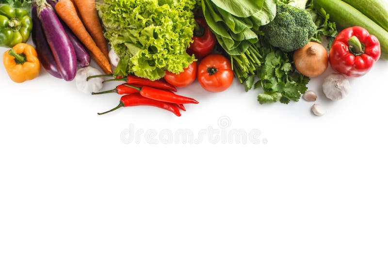 Top view portrait of Assortment of fresh vegetables isolated on white background. Top view portrait of Assortment of fresh vegetables isolated on white background