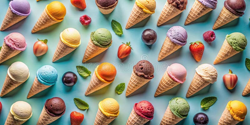 Assortimento colorato di coni di gelato e di frutta fresca su fondo blu pastello. Generative AI illustrazione di stock