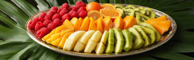 Assortimento colorato di frutta fresca, compresi gli agrumi e i favoriti tropicali disposti su un piatto d'argento fotografia stock libera da diritti
