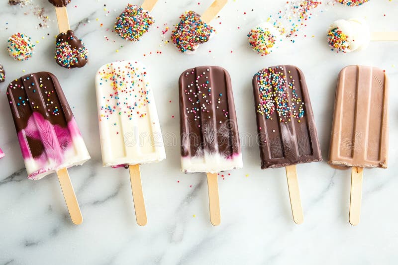 Assortimento colorato di gelati con vari sapori ricoperti di spruzzoli e di cioccolato con un'asciugatrice a guancia fotografia stock libera da diritti