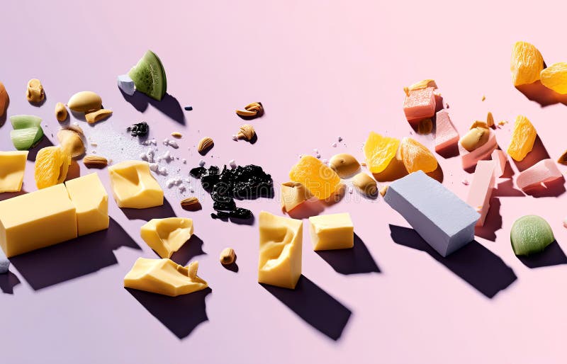 Assortimento colorato di vari pezzi di formaggio di frutta secca e frutta secca sparsa in modo artistico su uno sfondo di sfumatur illustrazione di stock