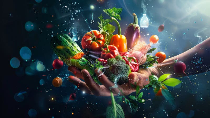 Assortimento colorato di verdure fresche e frutta trattenuta in mano e mostrata in un display digitale artistico dinamico fotografia stock libera da diritti