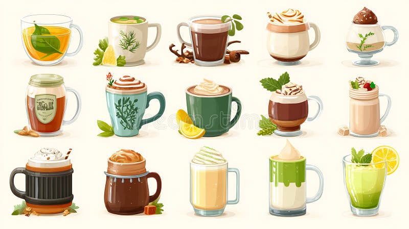 Assortimento delle bevande calde per l'arte dei pixel Tè di caffè e dolcetti in copertine colorate illustrazione vettoriale